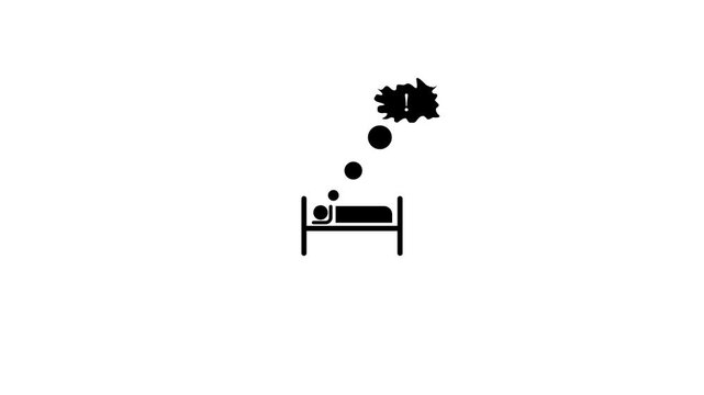 clean, minimalist graphic icon featuring a black silhouette of a person sleeping in a bed. A series of black thought bubbles rise from the head, culminating in a cloud-like thought bubble that contain