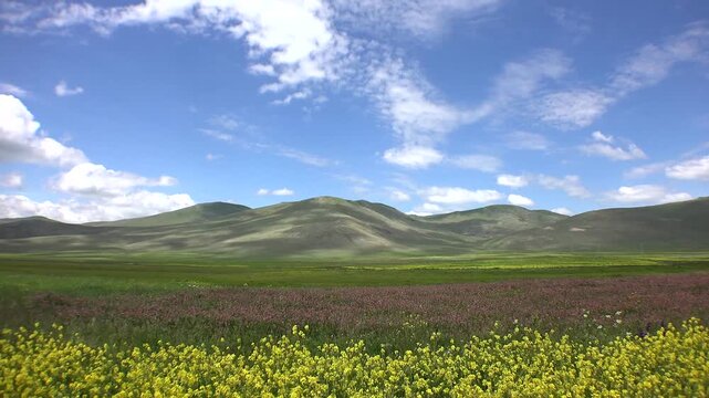 Time lapse storm clouds sweep over treeless Kazakhstan steppe, fresh spring meadow landscape.