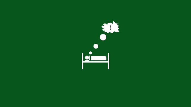 clean, minimalist graphic icon featuring a black silhouette of a person sleeping in a bed. A series of black thought bubbles rise from the head, culminating in a cloud-like thought bubble that contain