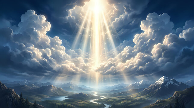 Dramatic landscape with divine rays of sunlight breaking through stormy clouds over a river valley, sunlight