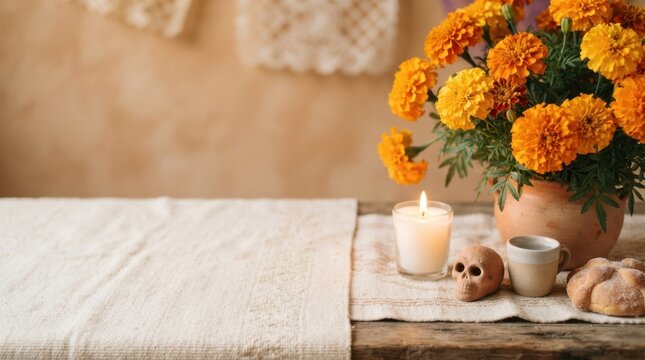 Traditional Day of the Dead ofrenda altar setup with marigold flowers cempasuchil candle skull and pan de muerto on rustic table for celebration