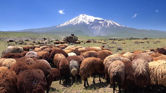 Sheep graze beneath snowcapped Mount Ararat across a green steppe pasture in Turkey.