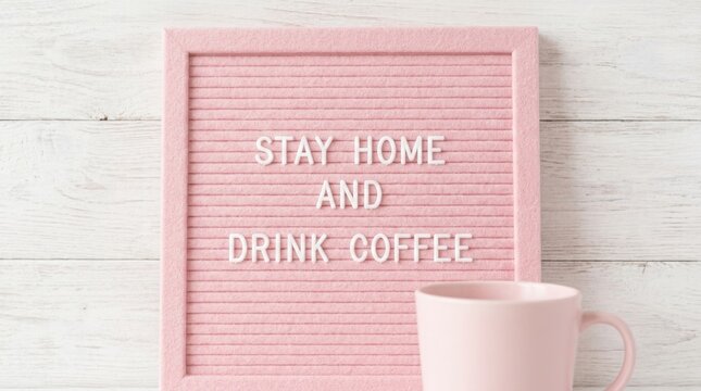 Pink felt letter board displaying stay home and drink coffee inspirational quote placed on white wooden background next to a pastel pink ceramic mug, ideal for cozy morning lifestyle concepts and