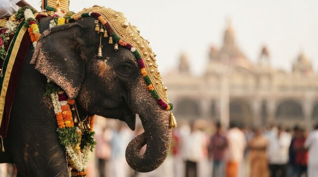 Decorated ceremonial elephant adorned with gold ornaments and flower garlands during a cultural festival procession in India