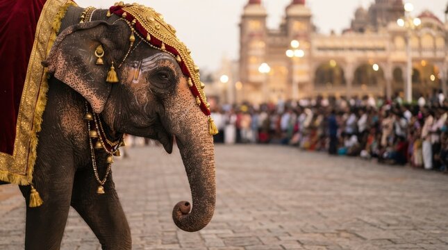 Decorated ceremonial elephant walking in a historic Indian city plaza during a grand cultural festival procession with a blurred crowd and palace in the background