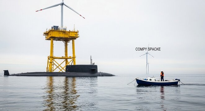 Submarine Inspecting Offshore Wind Turbine Platform with Small Boat Nearby