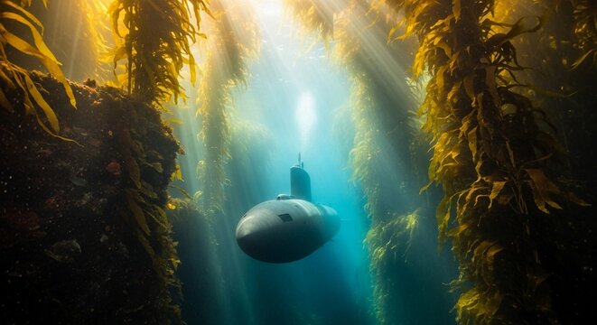 Submarine navigates through sunlit kelp forest in deep ocean exploration