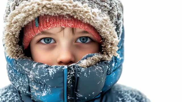 Young child with striking blue eyes peering from a fur-trimmed coat. A tender moment of winter play captured in this high-resolution .