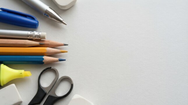 Stationery flatlay with school supplies pens pencils erasers and scissors on white background