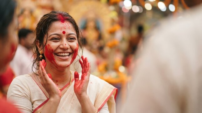 Joyful young Indian woman celebrating traditional festival with red sindoor powder on her face and hands, representing cultural joy, happiness and celebration.