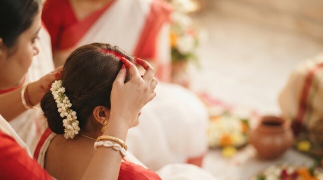 Traditional Indian wedding ritual of applying sindoor to the hair part of a young bride by a woman wearing red and white saree during a sacred cultural ceremony