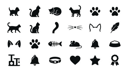 Fototapeta premium Cat Icons Set: Silhouettes, Paw Prints, Fishbone, Mouse, Bell, Collar, Heart