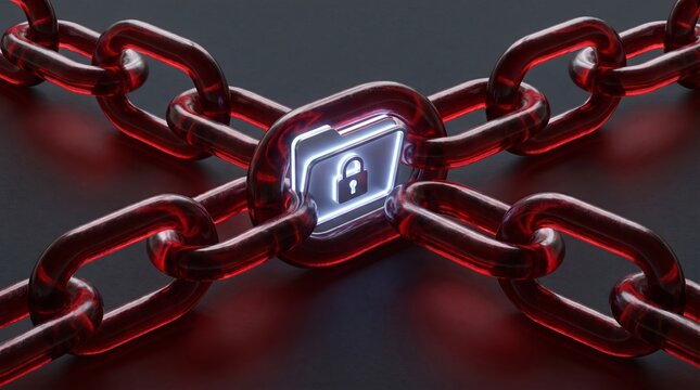 A glowing digital folder icon locked within heavy red translucent glass chains on dark surface