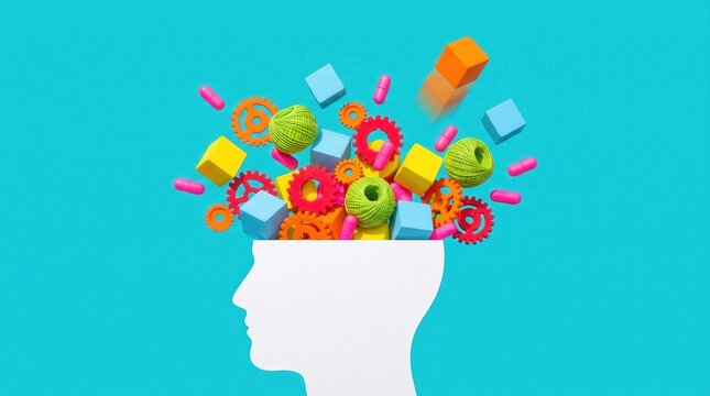 Human head silhouette with colorful gears cubes and pills exploding from brain for mental health and cognitive function articles