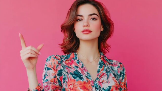 A woman striking a pose against a pink background. She's wearing a floral print blouse and has her finger raised to her face.