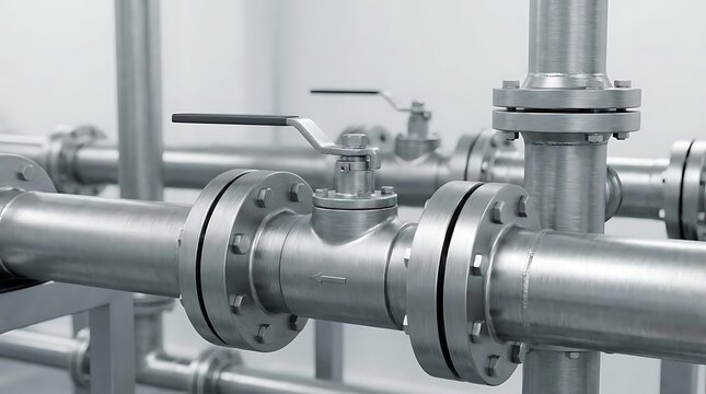 Industrial stainless steel piping system featuring hydraulic construction components and ball valves for precision fluid flow management in a factory setting