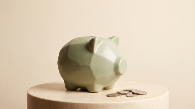 A minimalist sage green geometric piggy bank resting on a wooden pedestal with scattered coins