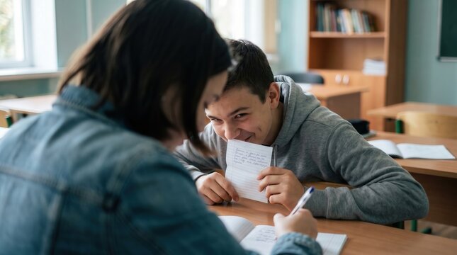 Teenage student passing secret note to classmate in school classroom during lesson for educational articles on social behavior or youth culture.