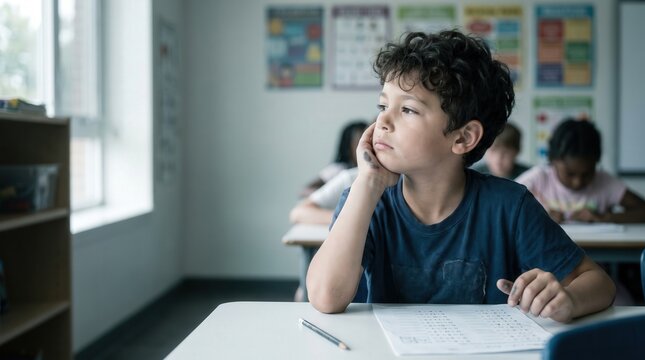 Young boy looking out window during exam in classroom for educational psychology and school engagement.