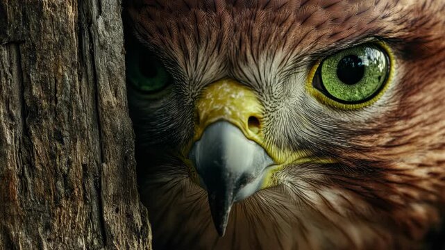 Close-up of a red and black bird, possibly an eagle or hawk, with piercing eyes looking directly at the camera from behind a tree branch.