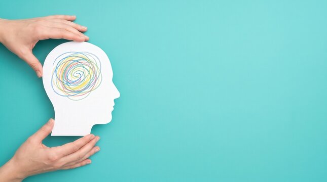 Hands Holding Paper Head Cutout with Colorful Scribble on Teal Background for Mental Health and Psychotherapy Awareness Campaigns