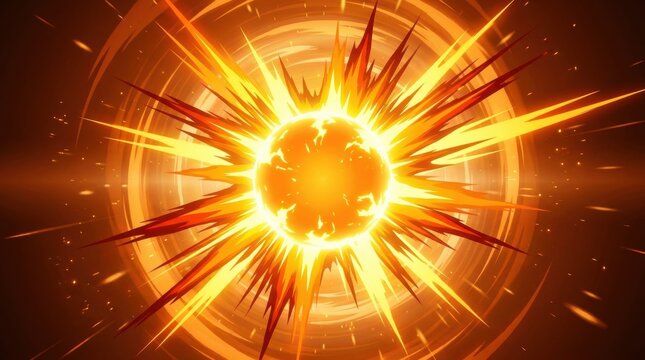 Dynamic Orange Explosion Starburst With Intense Bright Light Rays And Sparks In Dark Abstract Background