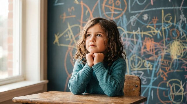 Pensive young girl sitting at wooden desk in front of colorful chalkboard doodles for primary school education and child development marketing