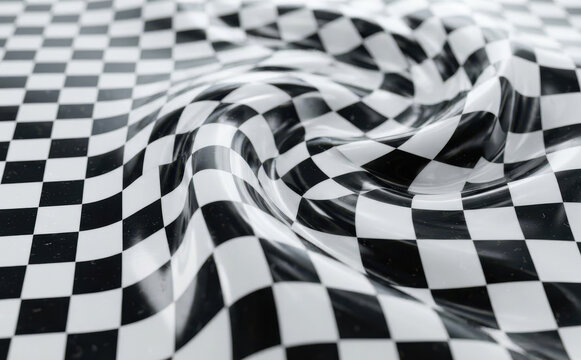 Abstract 3D warped black and white checkerboard pattern with glossy texture for modern graphic design backgrounds