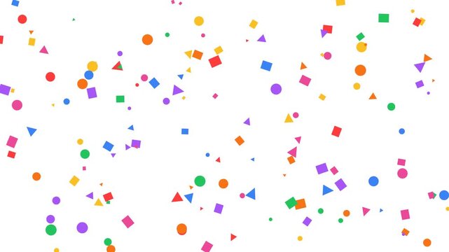 Colorful confetti falling on white background for festive celebration and party motion