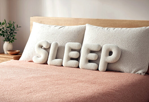 Cozy bedroom setting with fluffy pillows spelling sleep on a neat bed for relaxation and comfort