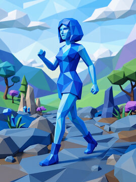 Blue low poly woman walking in a stylized geometric mountain landscape