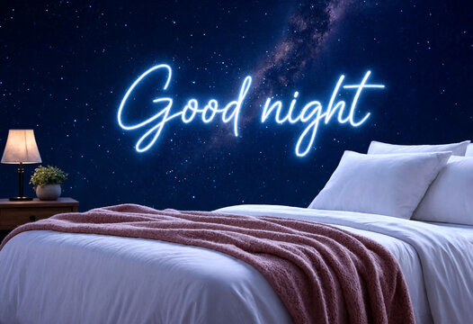 Cozy bedroom with glowing good night text under starry sky and galaxy backdrop for relaxation