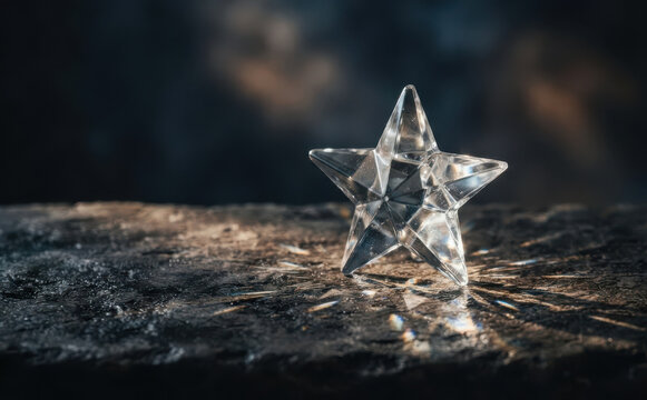 Crystal star figurine glowing on dark stone surface with sparkling light reflections representing hope magic and inspiration