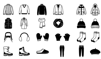 Cold Weather Winter Clothing and Accessories Black White Vector Icon Set © AMOL