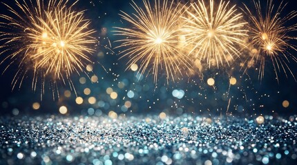 Fototapeta premium Golden Fireworks Explosion Over Shimmering Silver Glitter Background For New Year Celebration