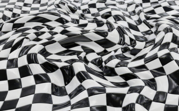 Wavy Black And White Checkerboard Pattern 3D Glossy Surface Texture Design Concept