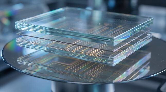 A stack of transparent electronic components highlighting levels tecnology design with integrated circuits in a high-tech laboratory environment