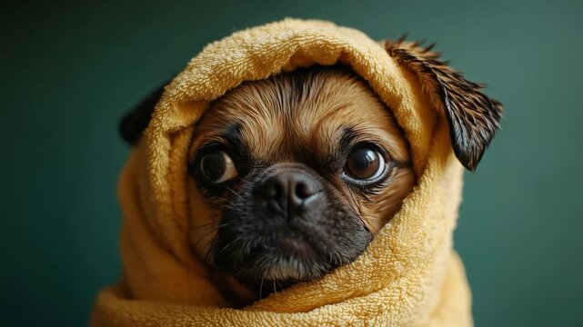 Tiny dog wrapped in a soft, yellow towel. Dark eyes gaze directly at the camera. Cozy, warm look with a gentle expression. Towel drapes snugly around the dog's head