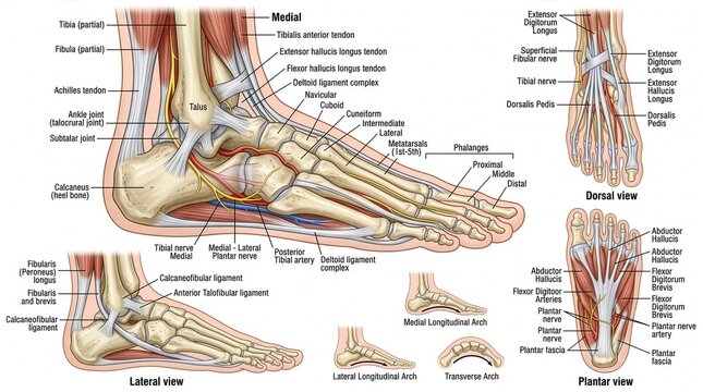 Cross-sectional anatomy of the human foot with cross section, blood vessels