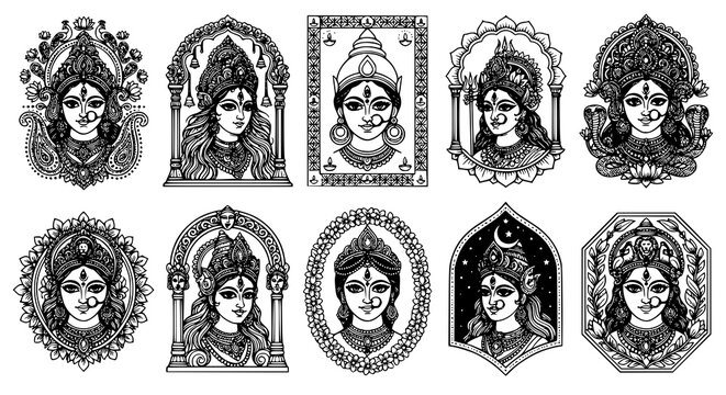 Maa Durga goddess line drawing vector collection with traditional crown jewelry and devotional festival icon designs