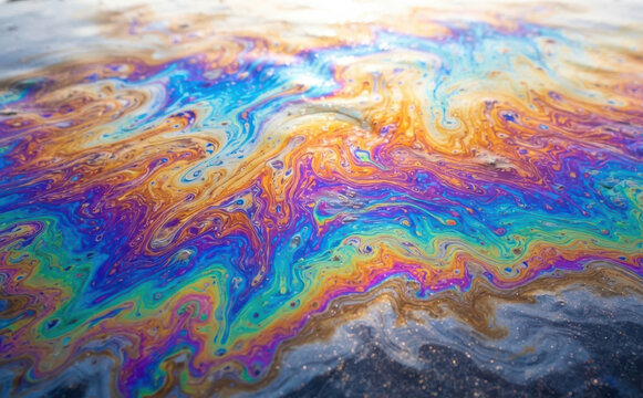 Colorful oil slick on water surface creating vibrant rainbow patterns and abstract reflections for background texture and environmental design