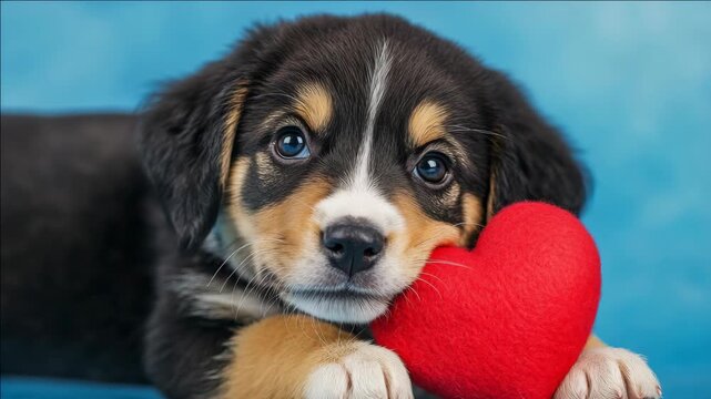 Cute dog holding a heart stuffed animal.