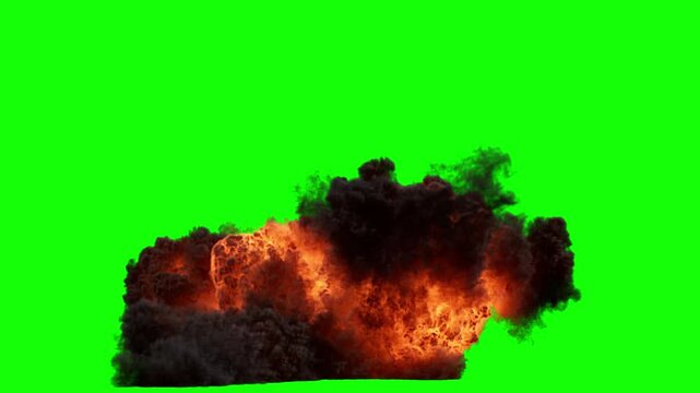 Massive fiery explosion footage showing hot burning debris cloud motion captured on green screen on white background