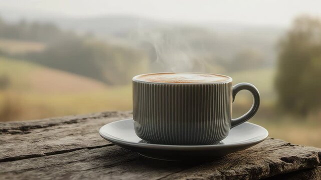 coffee in a handcrafted artisanal ceramic cup, steam flowing smoothly in slow motion, set on weathered wooden table surrounded by greenery, warm golden hour glow