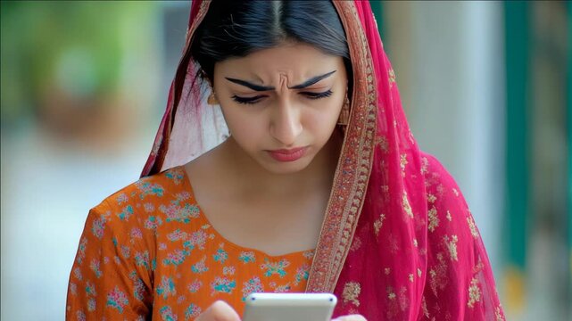 A young Indian female wearing traditional attire is seen focused on her smartphone, frowning with concern.