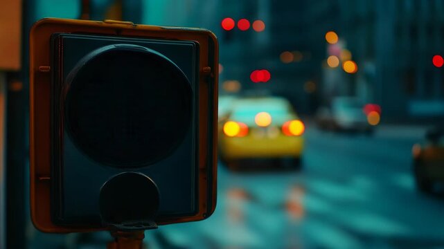 A busy city street scene at night with rain hitting the pavement. Yellow taxi driving through a slick roadway under illuminated traffic lights.
