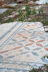 Fototapeta premium Ancient Roman Mosaic Floor with Geometric Decorative Pattern at Syedra Archaeological Site, Turkey