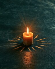 Obraz premium A candle glows brightly in the center of a blackboard covered in chalk art. The glowing rays from the candle create a warm atmosphere in a cozy room.