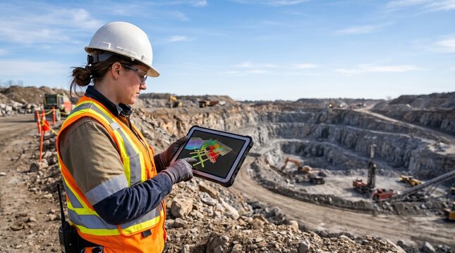 Engineer uses tablet with 3D model for mine planning and analysis in open pit mine