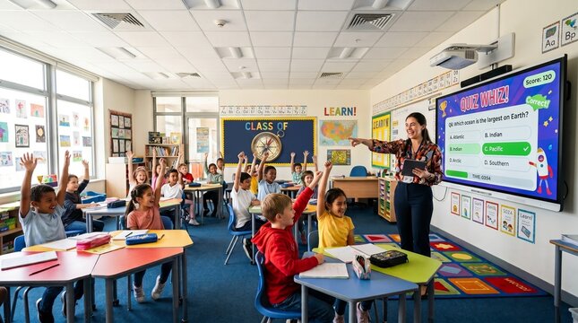 Engaged elementary school students enthusiastically raise hands in a modern classroom during an interactive digital quiz led by a teacher